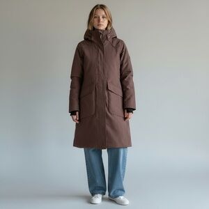 LOLE Women's Long Hooded Insulated Winter Coat - Taupe Brown